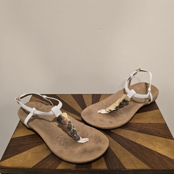 Vionic Shoes - VIONIC Miami Womens 8 Wide White Gold Orthotic T-Strap Adjustable Flat Sandals
